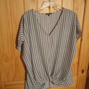 Knot-Front Striped Top Blue/White Stripe, XL Blouse, Lightweight, Summer V-neck